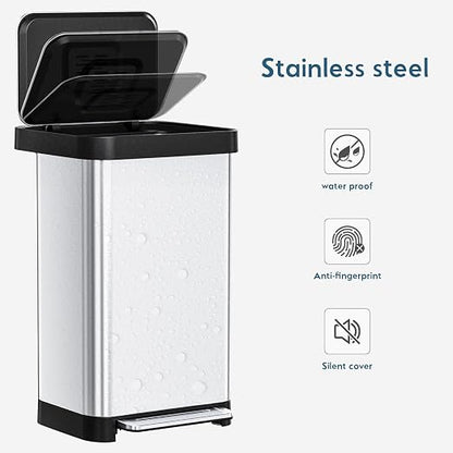 Arlopu 50L/13.2Gal Stainless Steel Trash Can W/15 Inner Bags & Rear Trash Bag Storage Compartment, Kitchen Step Trash Can with Lid & Built-in Deodorizer Box, Garbage Bin W/Foot Pedal (Sliver)