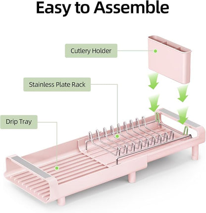 TOOLF Small Dish Drying Rack, Mini Expandable Compact Dish Rack, Slim Extendable Stainless Steel Dish Drainer for Kitchen Plate Storage, Space Saving Dish Strainer in Sink or on Home Countertop, Pink