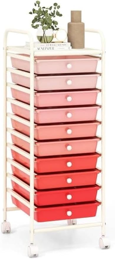 OFFICEJOY Storage Cart, Rolling Utility Cart with 10 Drawers, Portable Handles & Lockable Wheels, Mobile Paper Toys Storage Organizer Large Capacity for Home Office School Teacher (Gradient Pink)