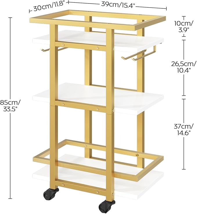 3 Tier Bar Cart, Home Bart Serving Cart with Glass Holders, Rolling Beverage Cart, Mobile Kitchen Shelf, for Home, Garden, Party, Gold BC09DW