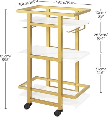 3 Tier Bar Cart, Home Bart Serving Cart with Glass Holders, Rolling Beverage Cart, Mobile Kitchen Shelf, for Home, Garden, Party, Gold BC09DW