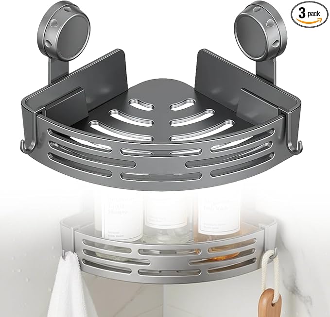 Triangle Suction Cup Corner Shelves No Drilling Bathroom Storage Rack, 2026 New Corner Shower Shelf Suction Cup Shower Caddy Corners Organizer Storage Rack Adhesive with Towel Bar (Gray single-layer)