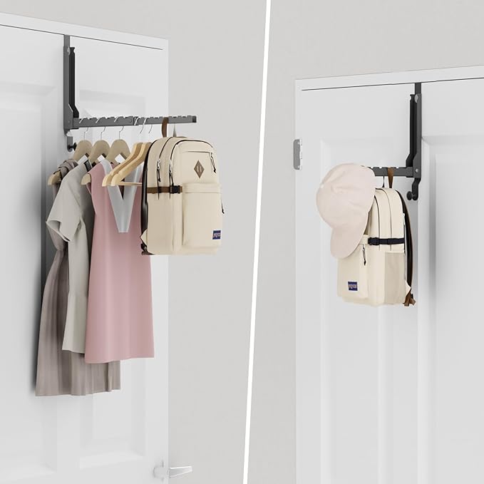 BAKON Over The Door Hangers, Over Door Hooks for Hanging, Small Space Dual Folding Portable Over Door Clothes Hanger for Clothes, Hats, Bags and Towels (2Pack,Black(Update))