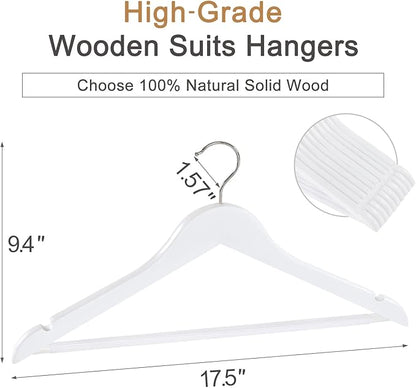 TOPIA HANGER Wooden Coat Hangers 30 Pack, White Wood Suit Hangers with Non Slip Pants Bar, 360° Swivel Hook and Shoulder Notches for Camisole, Jacket, Pants, Smooth Finish Clothes Hangers -CT34W30