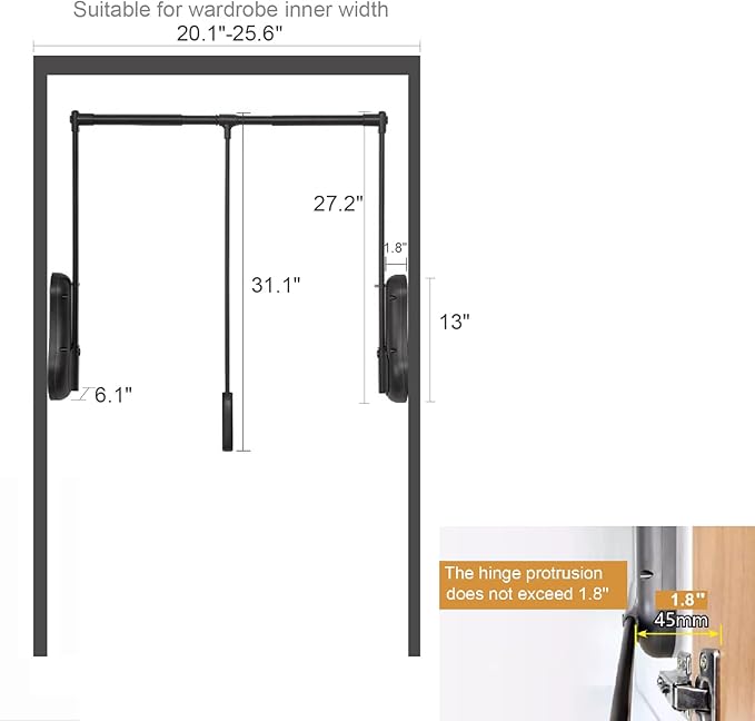 Pull Down Closet Rod for Hanging Clothes, Wardrobe Lift Rail Aluminum Alloy Organizer, Side Mounted Closet Rod for Kitchen Bedroom High Cabinets, 66 lbs Load Capacity (Black, 20.1"-25.6")
