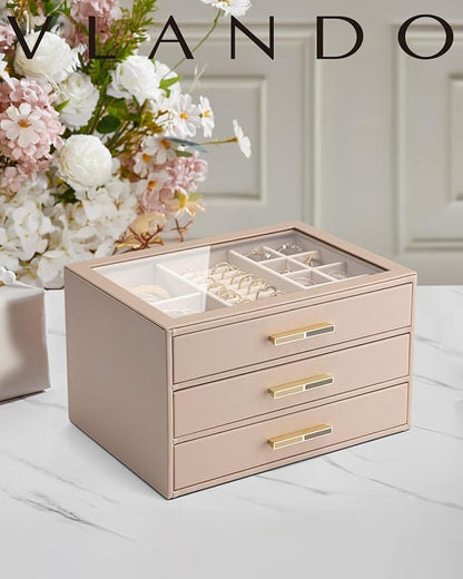Vlando 3 Layer Jewelry Box for Women, Glass Lid Jewelry Organizer with 3 Drawers for Necklaces Rings Earrings Bracelets - Toffee