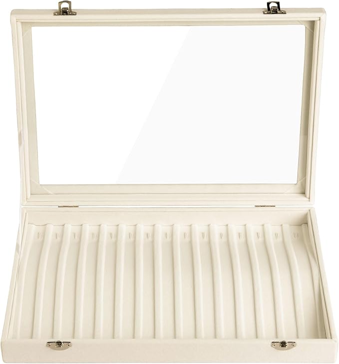 Frebeauty 15 Hooks Necklace Tray Velvet Neckalce Organizer with Clear Lid Lockable Necklace Holder Box Jewelry Organizer for Pendants Chains Necklace Jeweley Tray for Women Girls(Beige)