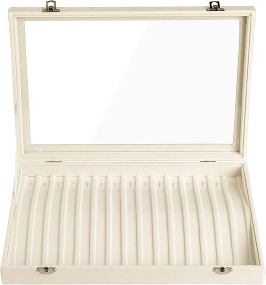 Frebeauty 15 Hooks Necklace Tray Velvet Neckalce Organizer with Clear Lid Lockable Necklace Holder Box Jewelry Organizer for Pendants Chains Necklace Jeweley Tray for Women Girls(Beige)