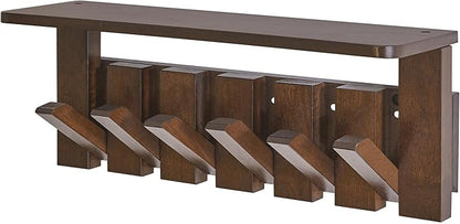 YMYNY Coat Rack Wall Mount with Shelf, Wall Shelf with Retractable Hooks, Wooden Wall Coat Rack for Entryway, Bedroom for Hanging Clothes/Coats/Keys/Hats/Towels/Bags, Walnut, HWS008H