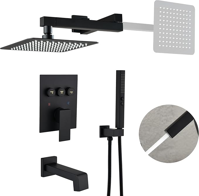 Shower System with Tub Spout, All Metal Bathtub Shower Faucet Set with High Pressure 10 Inch Rain Shower Head and Handheld Shower Head Set,Black Shower Head and Handle Set