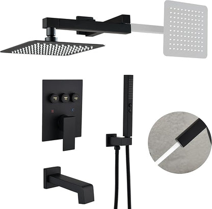 Shower System with Tub Spout, All Metal Bathtub Shower Faucet Set with High Pressure 10 Inch Rain Shower Head and Handheld Shower Head Set,Black Shower Head and Handle Set