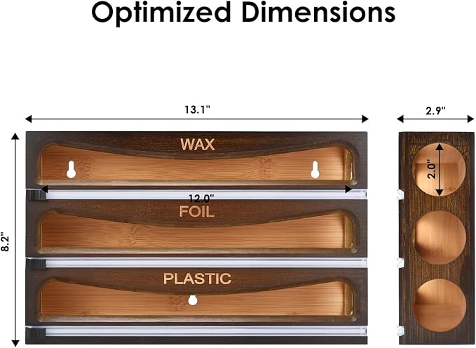 Bamboo Wrap Dispenser with Cutter, Plastic Wrap Organizer, Aluminum Foil Organization, and Wax Paper Dispenser Holder for Kitchen Drawer and Wall, Compatible with 12" Roll (03 Vintage Brown)