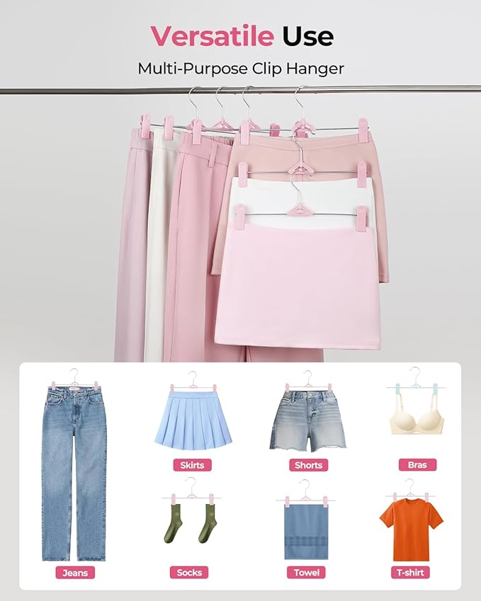 Skirt & Pant Hangers for Women Kid - 30 Pack Pink Space Saving Stackable Skirts Hangers with Clips - Non-Slip, Adjustable for Men, Children, Baby