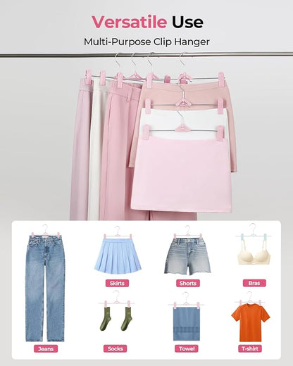 Skirt & Pant Hangers with Clips for Women - 50 Pack Space Saving Stackable Skirt Hangers with Clips - Non-Slip, Adjustable for Kid, Adult, Men, Children, Baby, Pink