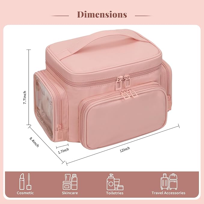 Bagmoly Large Makeup Bag, Portable Travel Makeup Bag Organizer for Women Girls with Makeup Brush Compartment & Two Side Pockets, Cosmetic Travel Bag Vertical Storage Toiletry - Pink