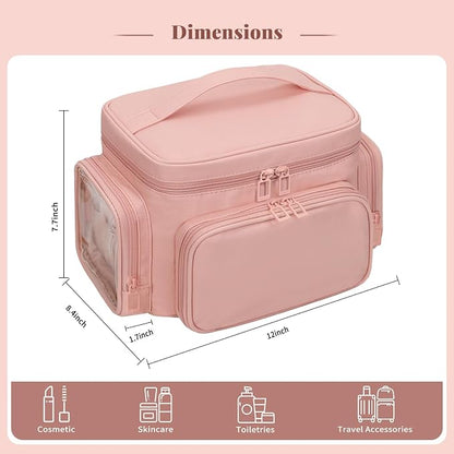 Bagmoly Large Makeup Bag, Portable Travel Makeup Bag Organizer for Women Girls with Makeup Brush Compartment & Two Side Pockets, Cosmetic Travel Bag Vertical Storage Toiletry - Pink