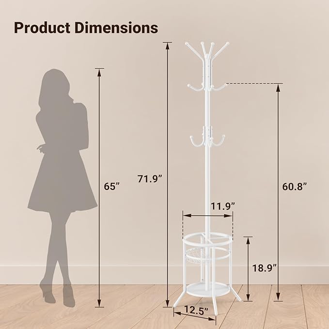 ELYKEN Coat Rack Freestanding, Metal Coat Rack Stand with Umbrella Holder, Modern Coat Tree with 12 Hooks, Floor Standing Corner Hall Tree for Entryway Living Room Bedroom Office, White