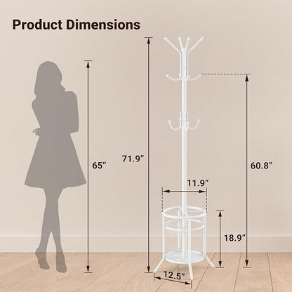 ELYKEN Coat Rack Freestanding, Metal Coat Rack Stand with Umbrella Holder, Modern Coat Tree with 12 Hooks, Floor Standing Corner Hall Tree for Entryway Living Room Bedroom Office, White