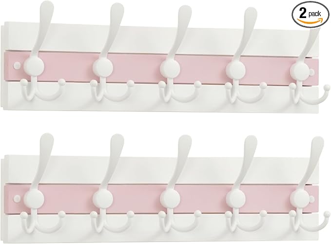 SKOLOO Coastal Wall Mounted Coat Rack-16.88" Beach House Entryway Wooden Coat Hook with 5 Hooks for Hanging Coats, Hats or Towels, Oceanfront Cottage Core Collection, White&Palm Beach Pink, Pack of 2