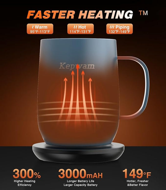 Kepwam Self Heating Coffee Mug T2, 16oz Smart Heated Coffee Mug, 150 Min Battery Life - Hot up to 149℉ Temperature Control Coffee Mug Warmer, Gifts for Dad Mom (No APP)