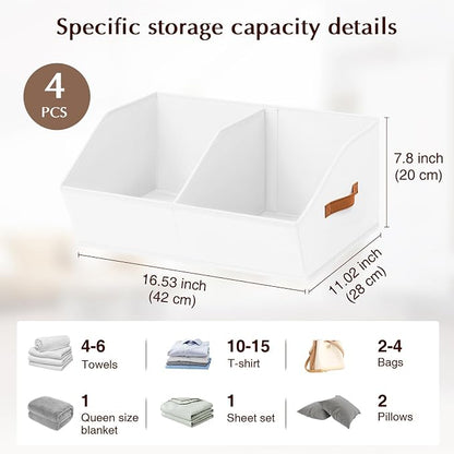 Homsorout Closet Organizers and Storage Bins - 4 Pack Collapsible Divided Trapezoidal Cube Storage Bins Baskets with Orange Handle for Organizing Clothes Blankets, Toys, Books, Towels(White)