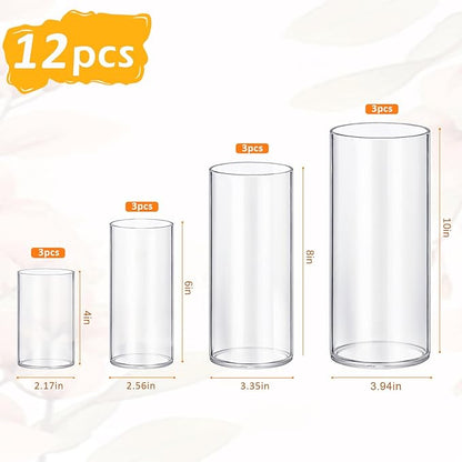 12 Pack Glass Cylinder Vases 4,6,8,10 Inch Tall Clear Flower Vase Hurricane Floating Candle Holder for Table Centerpiece Wedding Home Decor.