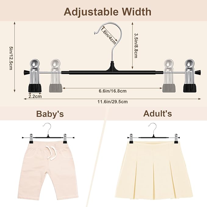 POZEAN Pants Hangers with Clips for Women 50 Pack, 12Inch Adjustable Heavy Duty Skirt Hangers, Space Saving Non-Slip Shorts Jeans Trousers Clothes Hangers, Black
