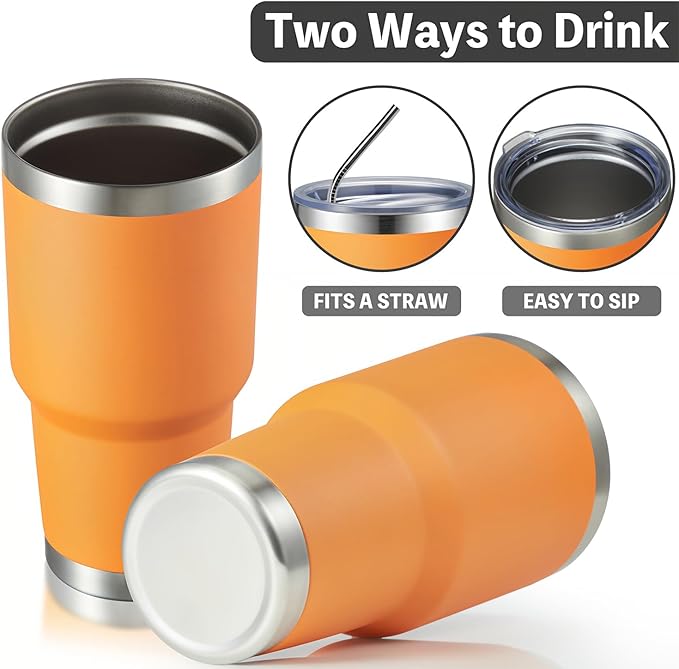 MEWAY 30oz Insulated Tumbler With Lids and Straws,Stainless Steel Double Vacuum Coffee Tumbler Cup, Brush, Durable Powder Coated Coffee Cup for Cold & Hot Drinks, Office, Travel(Orange,8 PACK)