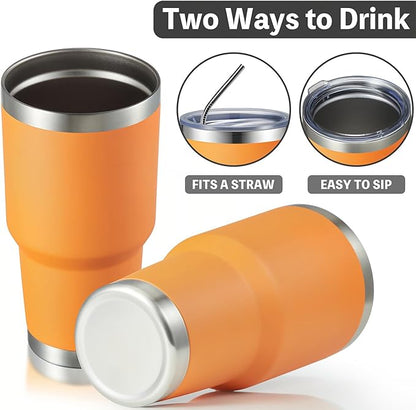 MEWAY 30oz Insulated Tumbler With Lids and Straws,Stainless Steel Double Vacuum Coffee Tumbler Cup, Brush, Durable Powder Coated Coffee Cup for Cold & Hot Drinks, Office, Travel(Orange,4 PACK)