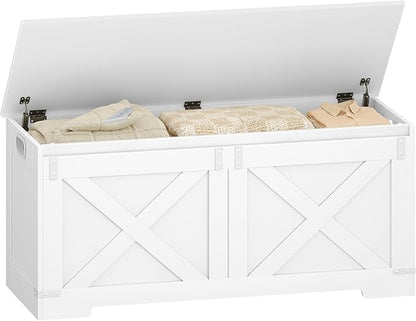 42.9" Storage Chest, Large Storage Trunk with 2 Hinges, Farmhouse Wooden Box Bench, Lift-Top Organizer Chest, Entryway Trunk for Bedroom, Living Room, White SB10903X