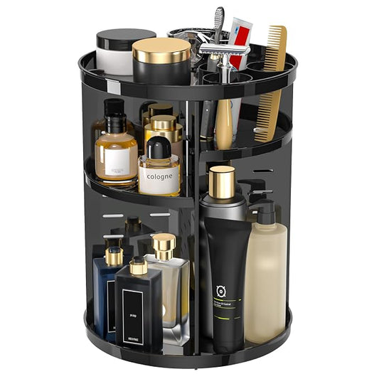 Rotating Makeup Organizer, DIY 8 Adjustable Layers Spinning Skincare Storage, Cosmetic Display Case with Brush Holder and Perfume Tray, Multi-Function Vanity Bathroom Countertop Organizer Black