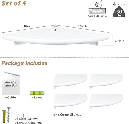 Forbena White Corner Floating Shelves for Wall Set of 4, Rounded Corner Shelves Wall Mounted for Kids Bedroom Books, Cute Wood Hanging Corner Shelf for Bathroom Decor, Living Room, Small Spaces