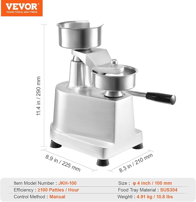 VEVOR Commercial Burger Patty Maker, 100mm/4inch Hamburger Beef Patty Maker, Heavy Duty Food-Grade Stainless Steel Bowl Burger Press Machine, Kitchen Meat Forming Processor with 1000 Pcs Patty Papers