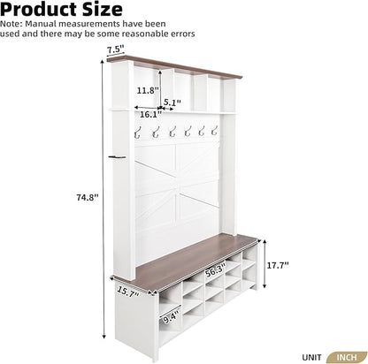 Merax Farmhouse Wood Hall Tree with 6 Hooks and Entryway Shoe Bench, 4-in-1 Coat Rack with 16 Open Compartments & Adjustable Shelves, for Entrance, Hallway, Mudroom, White