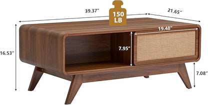 AVZEAR Mid Century Modern Coffee Table with Storage, Curved Edge Wood Coffee Table with Sliding Nature Linen Door, Farmhouse Center Table Rectangle Coffee Table for Living Room, Office, Walnut