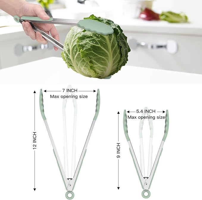 Hotec Premium Stainless Steel Locking Kitchen Tongs with Silicon Tips, Set of 2-9" and 12" Light Green