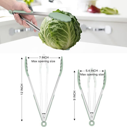 Hotec Premium Stainless Steel Locking Kitchen Tongs with Silicon Tips, Set of 2-9" and 12" Light Green