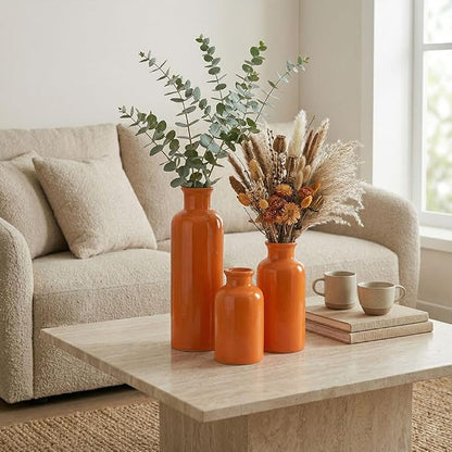 Ceramic Vase Set - 3 Orange Small Vases, Farmhouse Country Flower Vase Home Decor, Living Room Decoration, Table Decoration, Fireplace Decor, and Entrance Decorations Centerpieces