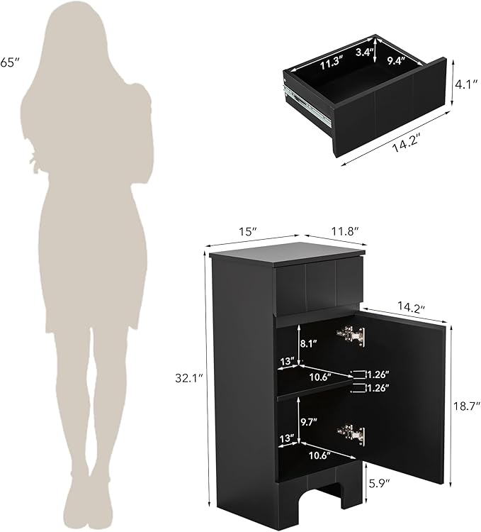 Small Bathroom Cabinet with Adjustable Shelves, Drawer, Anti-Tip Design, 14.96" L x 11.81" W x 32.09" H, Durable MDF for Bathroom, Kitchen, Laundry Storage, Soft-Close Door