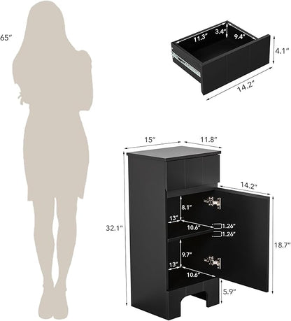 Small Bathroom Cabinet with Adjustable Shelves, Drawer, Anti-Tip Design, 14.96" L x 11.81" W x 32.09" H, Durable MDF for Bathroom, Kitchen, Laundry Storage, Soft-Close Door
