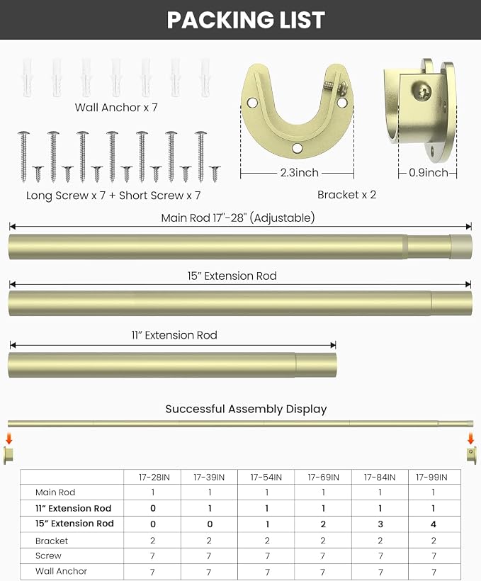 Supforce Closet Rods for Hanging Clothes, 17 to 28 Inches Stepless Adjustable Metal Closet Rod, 1.3 Inches Heavy Duty Clothes Hanging Rod for Closet Wardrobes Laundry RV, Verdant Gold