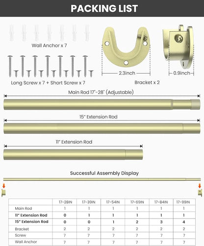 Supforce Closet Rods for Hanging Clothes, 17 to 69 Inches Stepless Adjustable Metal Closet Rod, 1.3 Inches Heavy Duty Clothes Hanging Rod for Closet Wardrobes Laundry RV, Verdant Gold