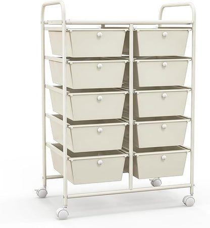 Giantex 10 Drawers Rolling Cart, Classroom Organizers, Storage Cart with Wheels, for Teacher Office Home School Supplies Tool Craft Art Paper, Ivory Color
