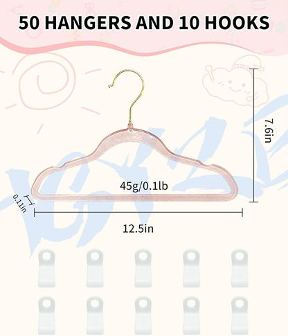 HGYZE Kids Hangers, Plastic Baby Clothes Hanger 50pcs Toddler Hangers, Clear-Pink Sparkling Hangar with Gold Glitter for Girl Nursery Children Coat Sweater, Small Hanger for Infant Newborn Closet