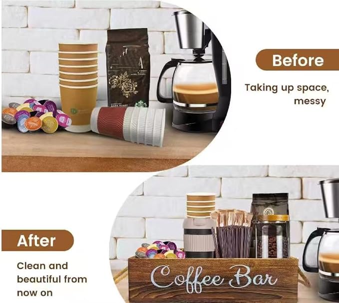 Wooden Coffee Bar Accessory Organizer, Coffee Corner Storage Rack With Removable Shelves, Farmhouse-Style K-Cup Capsule Storage Basket With Handles-Designed Specifically For Coffee Lovers