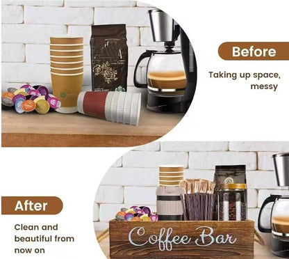 Wooden Coffee Bar Accessory Organizer, Coffee Corner Storage Rack With Removable Shelves, Farmhouse-Style K-Cup Capsule Storage Basket With Handles-Designed Specifically For Coffee Lovers
