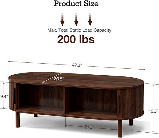 ZttRiee Coffee Table for Living Room, Modern Oval Coffee Table with Cabinets & Sliding Doors, Home Small Space, 47.2" Fluted Center Table, Walnut