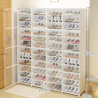 12 Tier Portable Shoe Shelf Storage Shoe Rack Organizer 96 Pair Shoe Storage Cabinet with Transparent Door Easy Assembly Plastic Stackable Shoe Box Free Standing DIY Expandable Large Capacity
