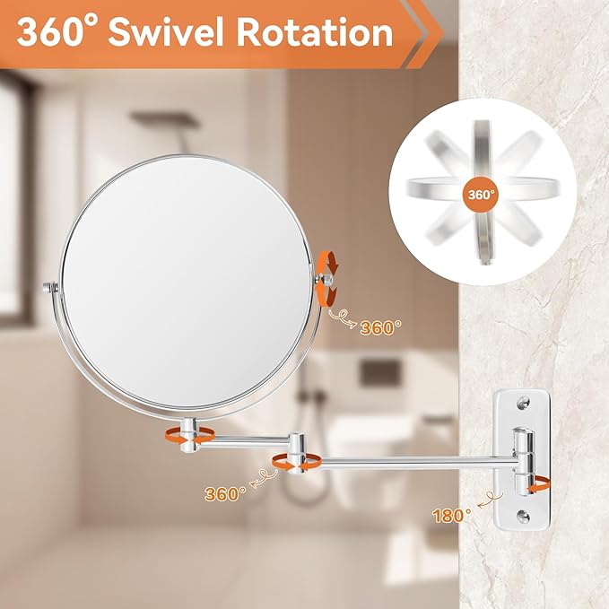 8 inch Wall Mounted Makeup Magnifying Mirror, 1X/10X Double-Sided Wall Mount Shaving Mirror with Extendable Arm, 360° Swivel for Vanity and Bathroom, Chrome Finish（No Light）