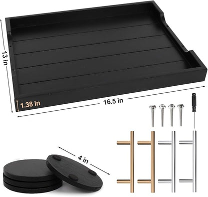 SXNOWS Coffee Table Trays - Large Ottoman Tray for Living Room -Wood Serving Tray with 2 Sets of Handles - Wooden Tray for Coffee Table, 4 Round Coasters Included, Black
